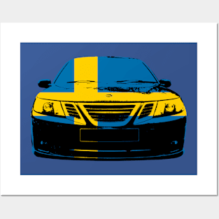 Saab 9-3 2nd generation classic car Swedish flag monoblock Posters and Art